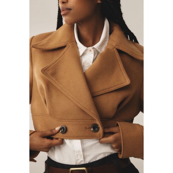 Anthropologie Maeve Ultra Cropped Trench Coat Honey Preppy Retro Size XL NWT - Picture 3 of 10